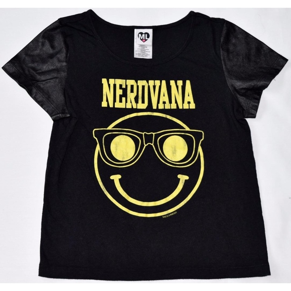 NL Nerdvana Black Yellow Smile Top Short Sleeve Tee Shirt Girls XL
